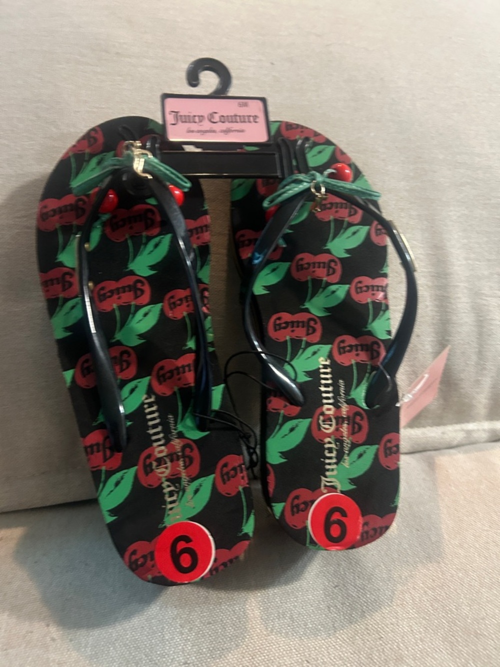 NWT Juicy Couture Black Wedge Flip Flops with Red Cherry Accents - Picture 5 of 6
